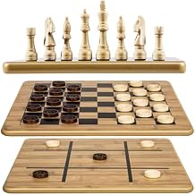 VAMSLOVE Wooden Chess Checkers Tic-Tac-Toe Game Set 11.5" x 11.5" Double-Sided 3 in 1 Board with 34 Chess Pieces - 2 Extra Queens - 24 Interlocking Checkers - Storage Bag - Instructions