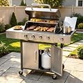 LazySunsets 4-Burner Propane Gas Grill with Side Burner, 49000 BTU Stainless Steel Outdoor Grill, Cast Iron Cooking Grates & Side Shelves for Patio Backyard Camping, Black and Silvery