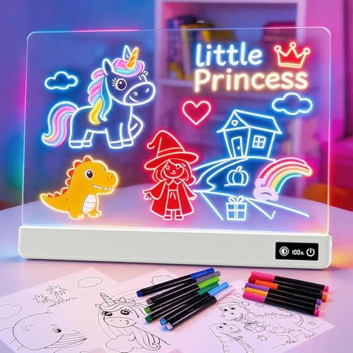 17 Inch Rechargeable LED Drawing Board for Kids, Upgraded 15 Colors Light Up Doodle Pad, Anti-Scratch PVC, Flicker-Free Eye Care, Includes Tracing Cards & 12 Markers, Gift for Girls Kids (White)
