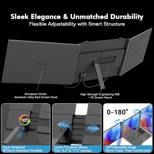 Image of Blackview Triple Laptop Screen Extender 14 inch USB C Plug Play | Detachable 4.5mm 1kg, 1080P FHD IPS, 180 Rotate, Extend /Mirror /Portrait, 100W Reverse Charging, Compatible with Mac /Switch
