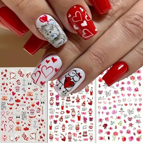 3Pcs Valentine's Day Nail Art Stickers, 3D Self-Adhesive Heart & Rose Flower Design Nail Art Decals for Nail Art Decoration, Red Heart Nail Decals Nail Art Supplies for Women and Girls