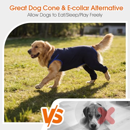 Image of Lelepet Dog Recovery Suit for Rear Legs, Surgery Onesie, Cone Alternative | Protects rear legs and abdomen from licking and scratching. Breathable recovery suit for male and female dogs after surgery.