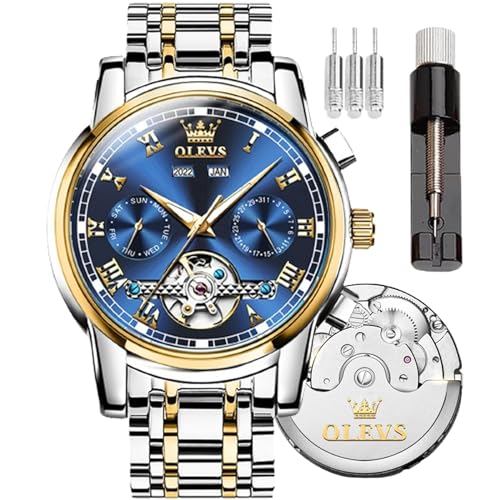 OLEVS Automatic Mechanical Men Watch,Day-Date-Month-and-Year Automatic Watch Men,Fashion Stainless Steel Watch Green&Blue&Black Face