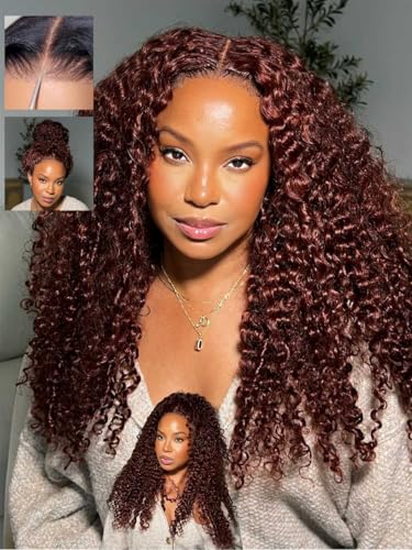 Beauty Forever Curly Glueless Wig Human Hair, Wear & Go 30s for Beginners, Pre-Cut HD Lace, Pre-Plucked Bye Bye Knots, Drawstring Cap, Reddish Brown 33B, Natural Curly Wig 150% Density 22inch