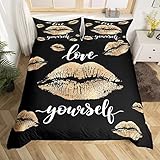Manfei Lips Bedding Set 3pcs for Girls Adults Champagne Lipstick Trace Printed Comforter Cover Sexy Kiss Marks Duvet Cover Set Microfiber Bedspread Cover with 2 Pillow Cases(No Comforter) King Size
