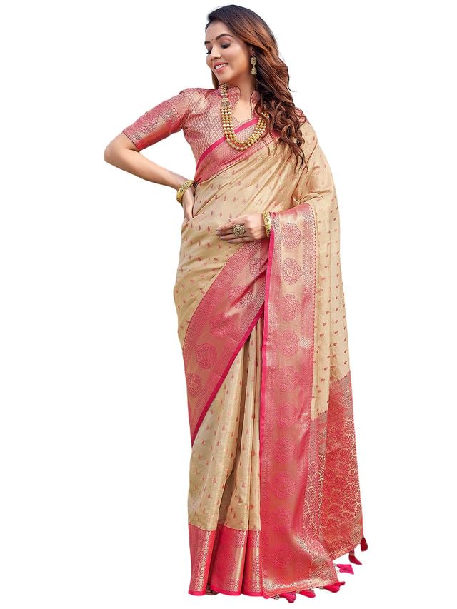 Satrani Women's Organza Jacquard & Tassels Saree With Unstitched Blouse Piece (3435S5893N_Beige (Dual Tone))