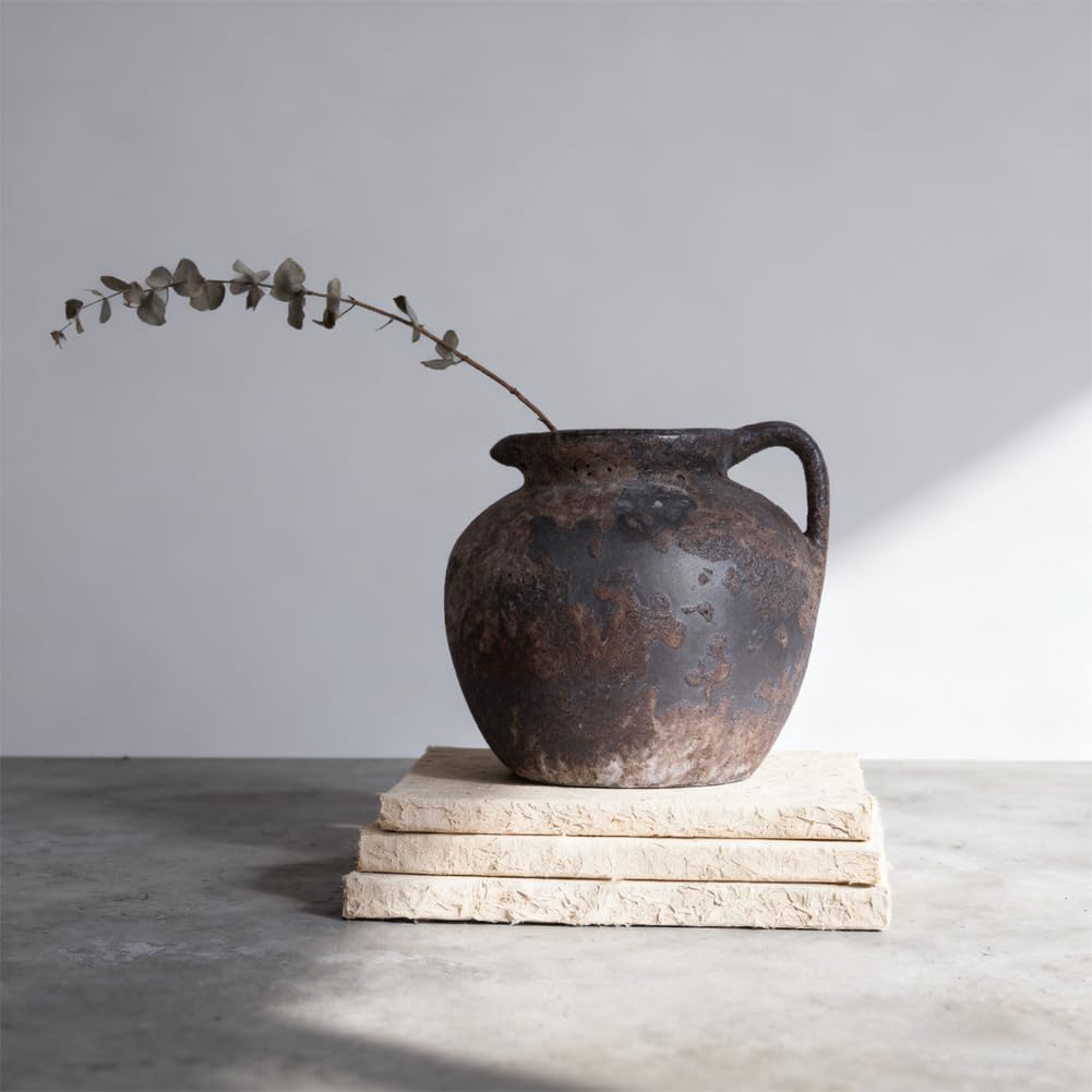 Wabi Sabi Ceramic Vase with Handle, 7.9” Rustic Pottery Vase Wide Mouth, Round Distressed Brown Vase for Coffee Table Centerpiece, Farmhouse Home Decor, Clay Home Decor