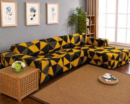 Image of Gifts Island Premium 160GSM Super Soft Yellow Prism Stretchable Sofa Cover L Shape 7 Seater Fully Covered | Suitable for Both Left and Right Side Chaise Sofa (Yellow Prism, 4+3 Seater)