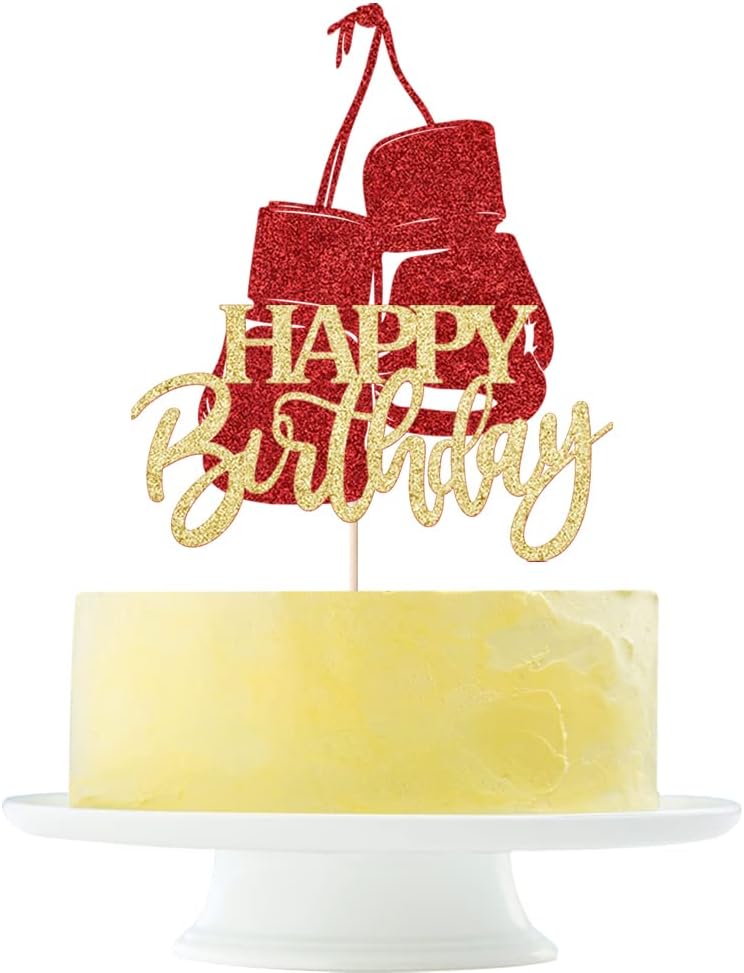 Boxing Theme Happy Birthday Cake Topper, Sports Style Birthday Party Cake Decor, Boxing Glove Sign gold