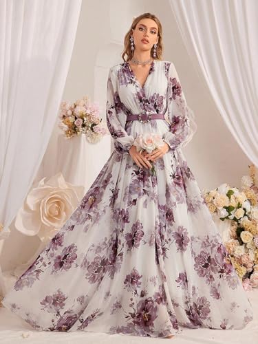 Image of TOLEEN Summer Casual Dresses for Women 2024 Spring Fashion Boho V Neck Long Sleeve Ruffle Floral Print Elegant Maxi Dress