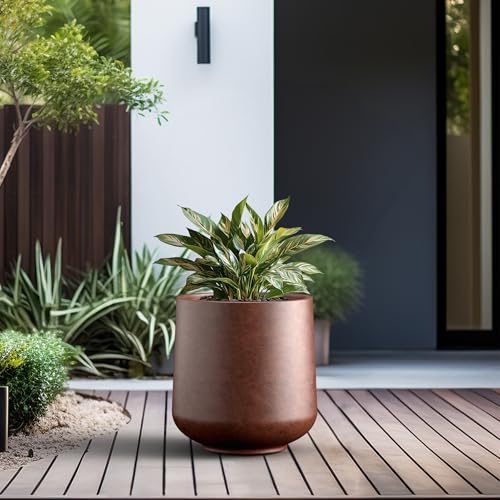 Image of Kante Large Round Curved Rusty Concrete Planter 16.5 inch Dia, Outdoor | Rubber Plug for Indoor, Drainage for Garden, All-Weather Cement Tree Pot, Handcrafted, Anti-Frost & UV, Modern Home Decor