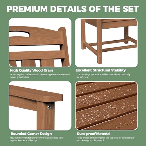 Image of HDPE Outdoor Dining Set, Patio Table and Chairs Set, All-Weather 7-Piece Outside Table and 6 Chairs, 2 inch Umbrella Hole, Outdoor Furniture for Garden, Poolside, Backyard, Deck | Teak