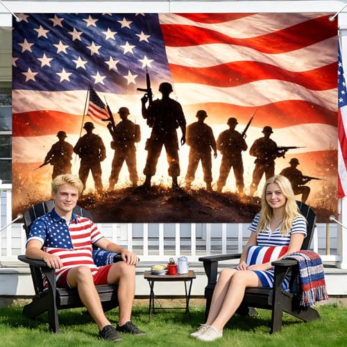 Image of IVN Patriotic Soldier Banner 71x43 Inch American Flag Military Troops 4th