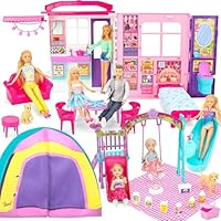 Doll House Gift Set for Dolls and Barbie with 60PCS & 2 x 5.5inch Dolls: featuring a living room, kitchen, bedroom, outdoor slide/swing and camping playset