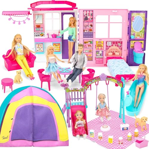 Doll House Gift Set for Dolls and Barbie com 60 peças e 2 bonecas: Apresentando uma sala de estar, cozinha, bedroom, ao ar livre Slide/Swing and Camping Playset