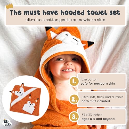 Image of Riff Raff Sweet Fox Hooded Towel - Premium Cotton Baby Towel with Mitt Set - Ultra Soft Machine Washable Cartoon Hooded Baby Towels - Baby Towels with Hood for Newborn Baby, Infants, Toddlers