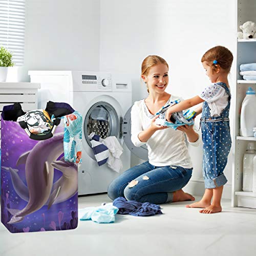 Visesunny Lover Dolphin Animal Large Laundry Bag Collapsible Oxford Fabric Laundry Hamper Foldable Portable Dirty Clothes Laundry Basket With Handles Waterproof Washing Bin Laundry Tote Bag #TOP4