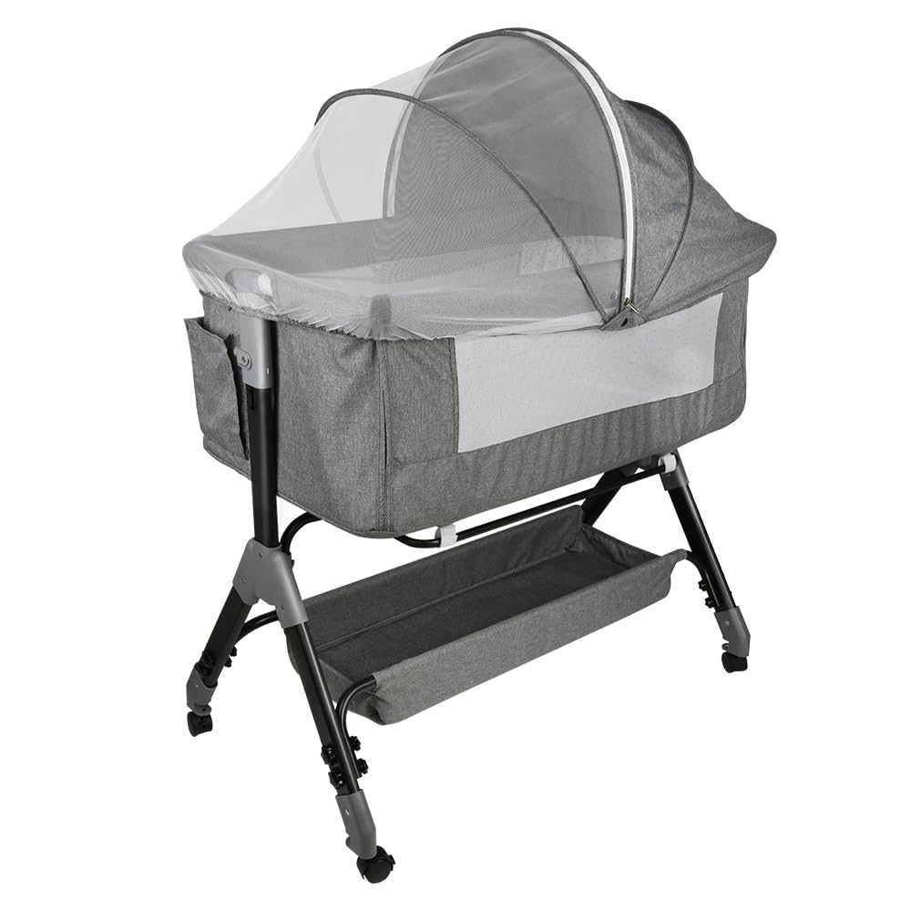 OHMG 3 en 1 Berceau Cododo,Lit Cododo Bebe Pliable,0-36 Mois,20 kg Max,Réglable Inclinaisons et 4 Hauteurs,Système Coulissant,Matelas Confort,Grand Panier (Gris（104 * 52 * 100-110cm）)