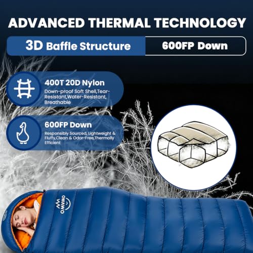 Bolsa de dormir rectangular OMVMO Envelope Down para camping, plumas 600 FP, para adultos, capucha desmontable y cremallera bidireccional, conectable a manta miniatura 3