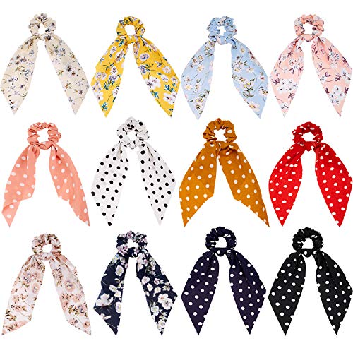 12 Pieces Hair Scarf Satin Silk Scrunchies Solid Retro Elastic Hair Bands Hair Scarf Bohemian Style Ponytail Holder Ties Bunny Ear Bowknot Scrunchie Vintage Hair Accessories for Women Girl (Style F)