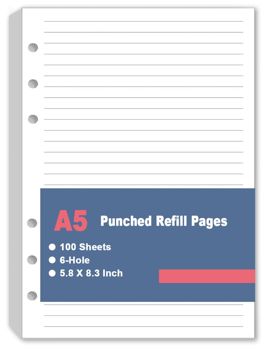 Wkład papieru w linie A5, 6-otworowy papier do notatników do 6-pierścieniowego segregatora do wielokrotnego napełniania, papier wypełniający A5, papier liściasty do wkładów Filofax Planer, organizer