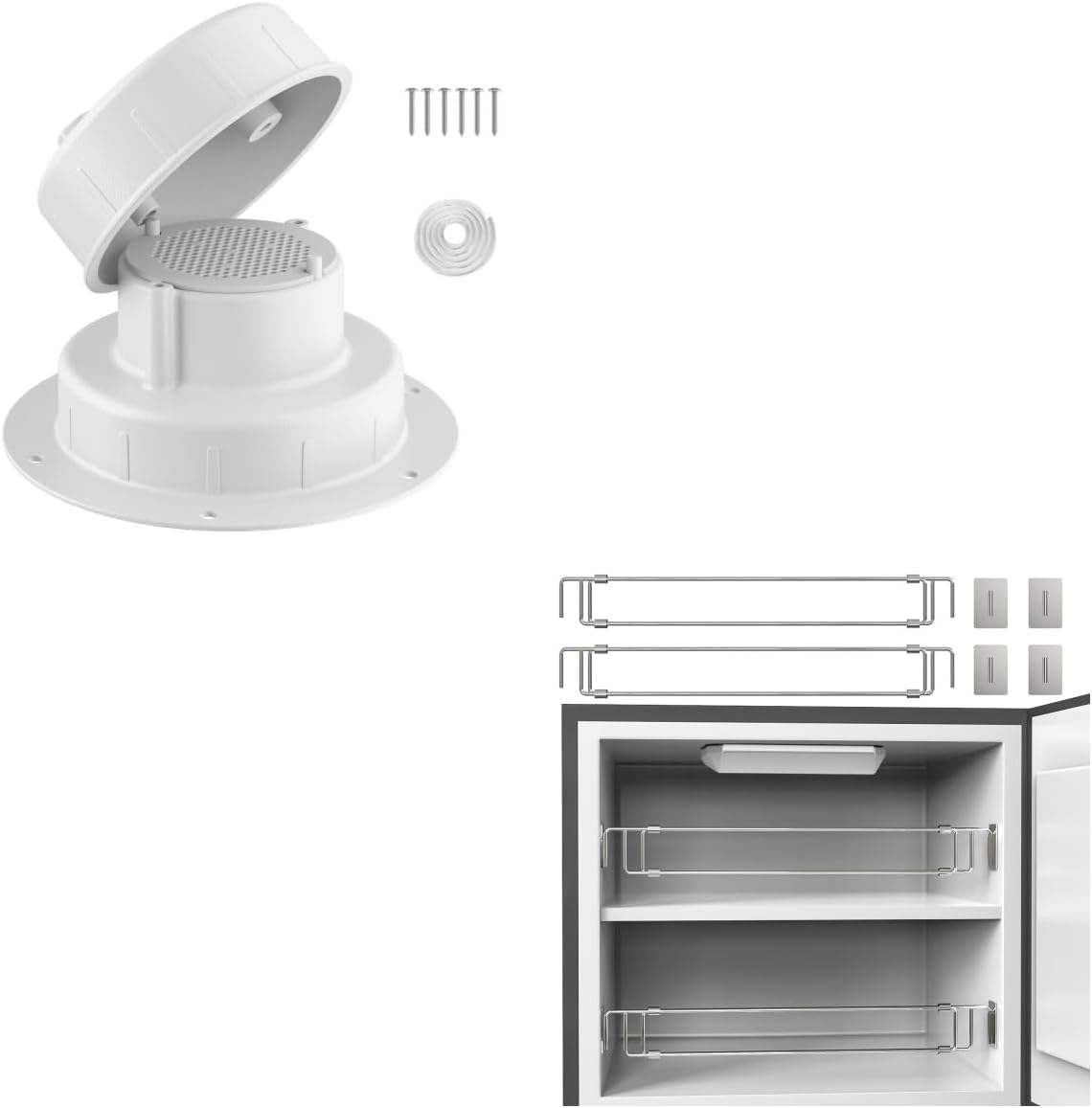 Aluminum RV Plumbing Vent Cap- Strong Protective Roof Sewer Cover with Built-In Filter Screen + Rv Adjustable Refrigerator Tension rods Bars 12.5-22.3"