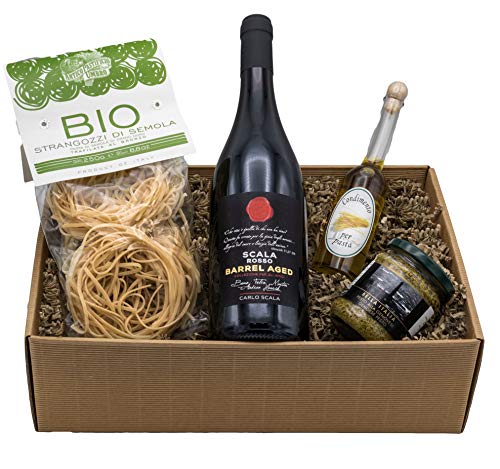 The Wine Guys Präsentkorb „Basta Pasta“ mit italienischer Feinkost und Rotwein (1 x 0,75 l) Geschenkset mit Pasta BIO, Pesto, Würzöl zum verfeinern und Wein Scala Rosso