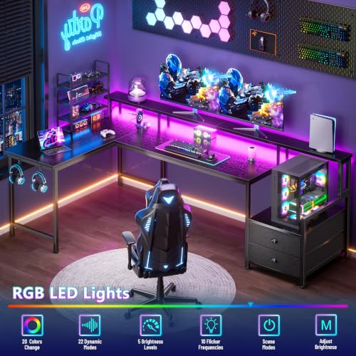 Image of Korfile 66'' L Shaped Gaming Desk with Storage Drawers, Power Outlets, LED
