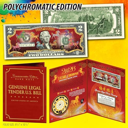 2026 Chinese Lunar New Year of The Horse Polychromatic 8 Colorized Horses Uncirculated Two Dollar Bill Special Edition in Collectible 8x10 Large Display Folio image 5