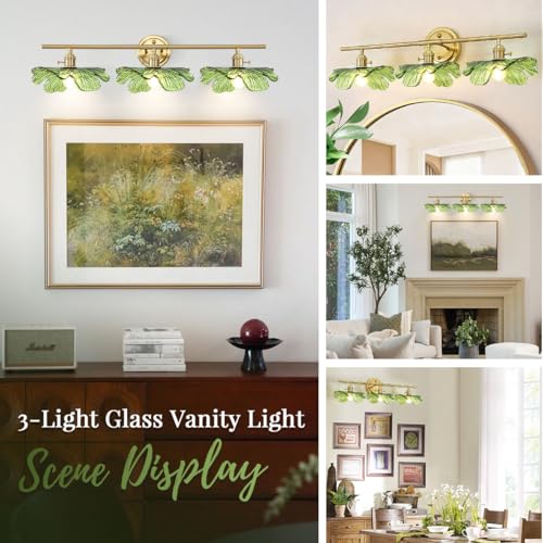 Image of 3 Light Bathroom Lighting fixtures Over Mirror, Gold brass Wall Sconce Vintage Bathroom Vanity Light Green Glass Wall Sconce mid Century Modern Wall lamp Art Deco Vanity Lights for Living Room Bedroom