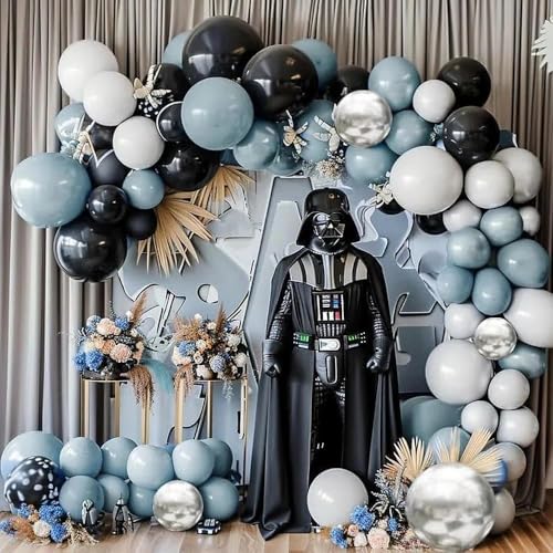 Image of Blue Black Balloon Garland Double Stuffed Dusty Blue White Balloons Black Silver Balloon Arch for Birthday Wedding Graduation Baby Shower Anniversary Party Decorations