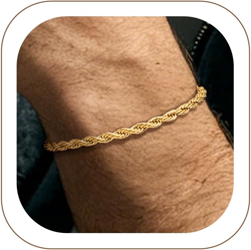 ChainsHouse Stainless Steel Twisted Rope Chain Bracelet for Men, Silver/Black/14K Gold Plated Link Bracelet, 3MM/6MM, 7.5"/8.3"/9" Lengths, Gift Box Included