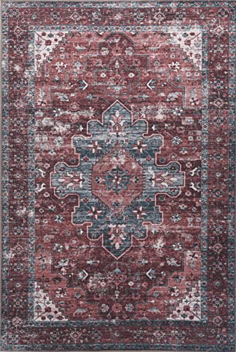Adiva Rugs Machine Washable 4x6 Area Rug with Non Slip Backing for Living Room, Bedroom, Bathroom, Kitchen, Printed Vintage Home Decor, Floor Decoration Carpet Mat (Terra, 4' x 6')