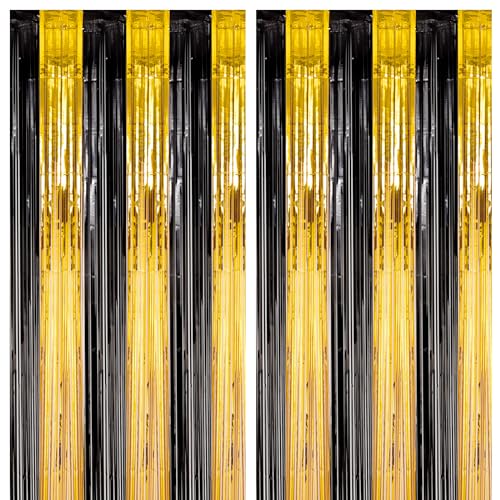 Image of Voircoloria 2 Pack Black and Gold Foil Fringe Backdrop Curtains, Tinsel Streamers Birthday Party Decorations, Fringe Backdrop for 2026 New Yew Decorations, Anniversary,Graduation, Retirements Party