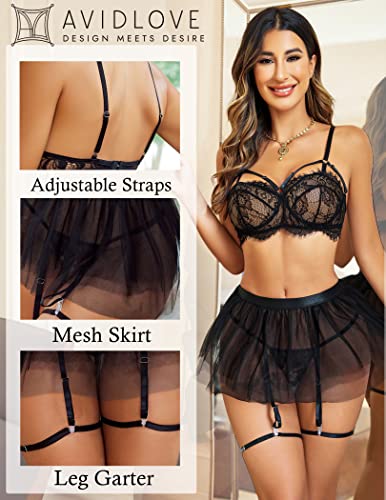 Avidlove Lace Garter Lingerie for Women Mesh Mini Skirt Nightwear Babydoll Bodysuit - Image 3
