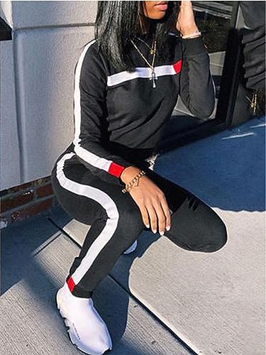 Kansoon Womens Stripe Patchwork Long Sleeve Sweatshirt Tops And Long Sweatpants Two Piece Tracksuit Outfits, Black, X-Large #TOP1