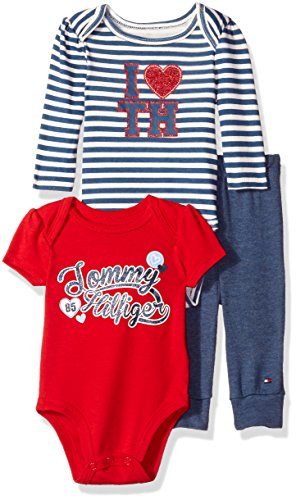 Tommy Hilfiger Baby 3 Pieces Creeper Pants Set, Red/Navy, 0/3 Months
