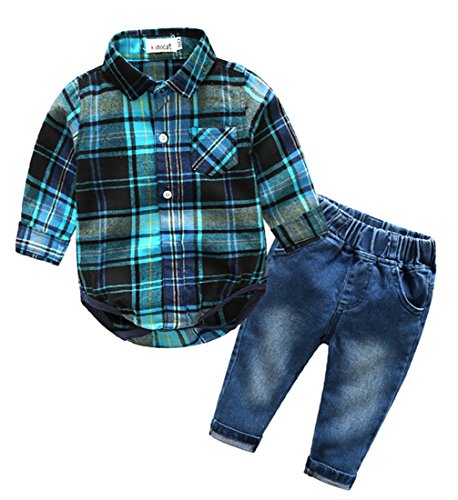 Beide Baby Boys' Outfits Long Sleeve Plaid Bodysuit + Jean Pant., Blue, 6-9 Months