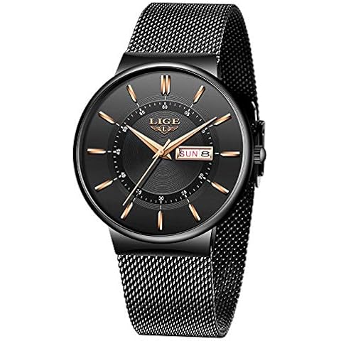 LIGE Mens Watches Fashion Waterproof Analogue Quartz Stainless Steel Mesh Band Wrist Watch Calendar Simple Casual Watch for Men Black Cover
