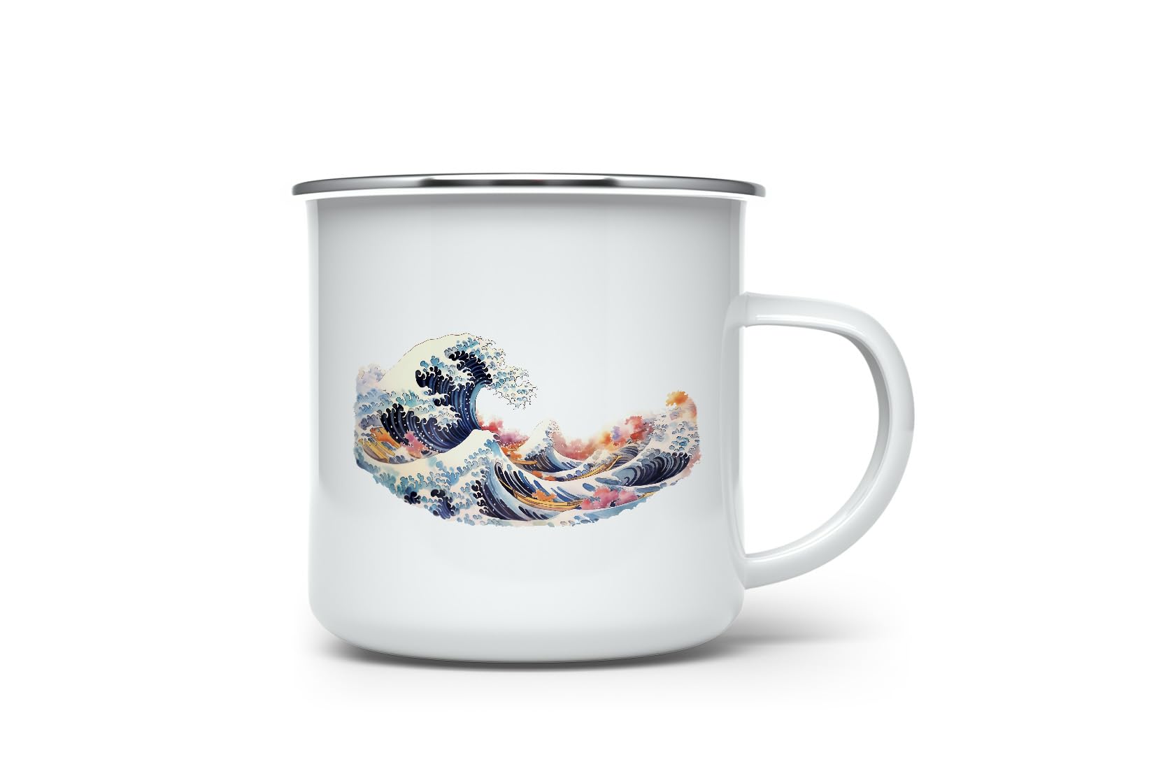 MAXIKIWI - Durable Enamel Coffee or Tea Camping Mug for Indoor Outdoor Use - Japanese Kanagawa Wave - 350ml