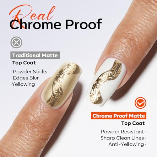 Image of modelones Chrome Proof Matte Gel Top Coat, 15 ML No Wipe Chrome Resistant Isolation Clear Gel Polish Velvet Finish for Detail Chrome Powder Painting Nail Art Long Lasting Thickening Solution Builder