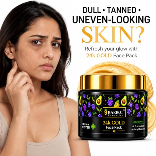 Image of KARROT 24K Gold Face Pack for Glowing Skin 100g with Avocado Mulberry Grapeseed for Instant Glow and Tan Removal, Kaolin Clay Hyaluronic Acid Alpha Arbutin, All Skin Types