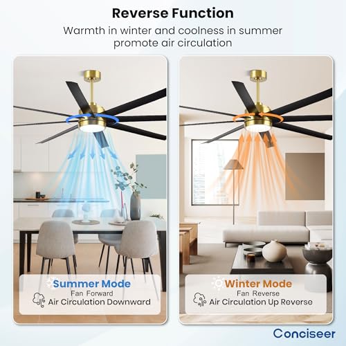 Image of Conciseer 65 Inch Ceiling Fans with Lights and Remote for Bedroom Living Room Kitchen Office, Indoor /Outdoor Use, 3CCT, 8 Blades 6 Speed Reversible Dimmable Quiet DC Motor, Gold /Black