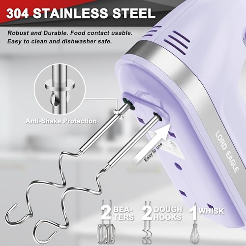 Image of Lord Eagle Hand Mixer Electric Handheld 400W, 5-Speed Lightweight Kitchen Mixer with Storage Case, 5 Stainless Steel Attachments for Baking Cake Egg Cream Food Beater, Turbo+Eject Button, Purple