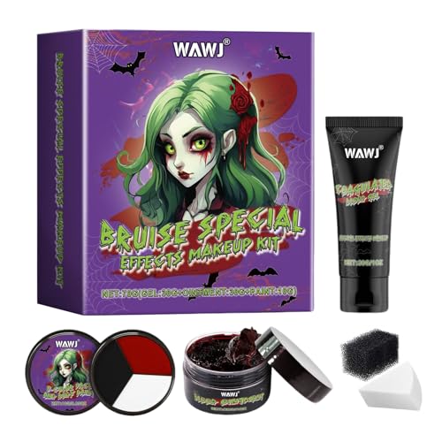 WAWJ Kit de maquillage d'Halloween - Peinture corporelle pour Halloween avec gel sang + pâte de sang + disque tricolore + éponge - Effets spéciaux lavables pour Halloween - Pour théâtre artistique