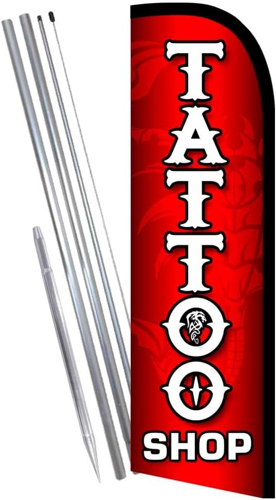 Vista Flags Tattoo Shop Premium Windless Feather Banner Flag Kit (Flag, Pole, & Ground Mt)