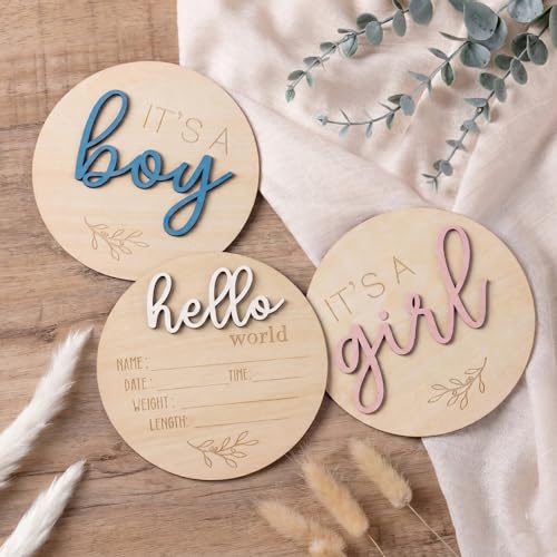 Gender Reveal Sign for Baby Birth: 3Pcs Its A Boy Girl & Hello World Announcement Sign for Hospital - Wooden Newborn Welcome Board for New Boys and Girls