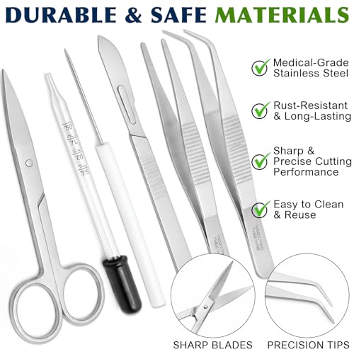 Image of Dunzoom 20 Set Dissection Kit, 32 Pcs Per Set, Biology Lab Tools with Stainless Steel Blades, T-pins, Teasing Needles, Forceps, Scissors for Medical Veterinary Biology Training