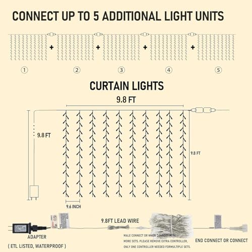 Dazzle Bright 300 LED Curtain Lights, Plug in Fairy Curtain Lights for Bedroom, Christmas Hanging String Lights Outdoor  - Additional View