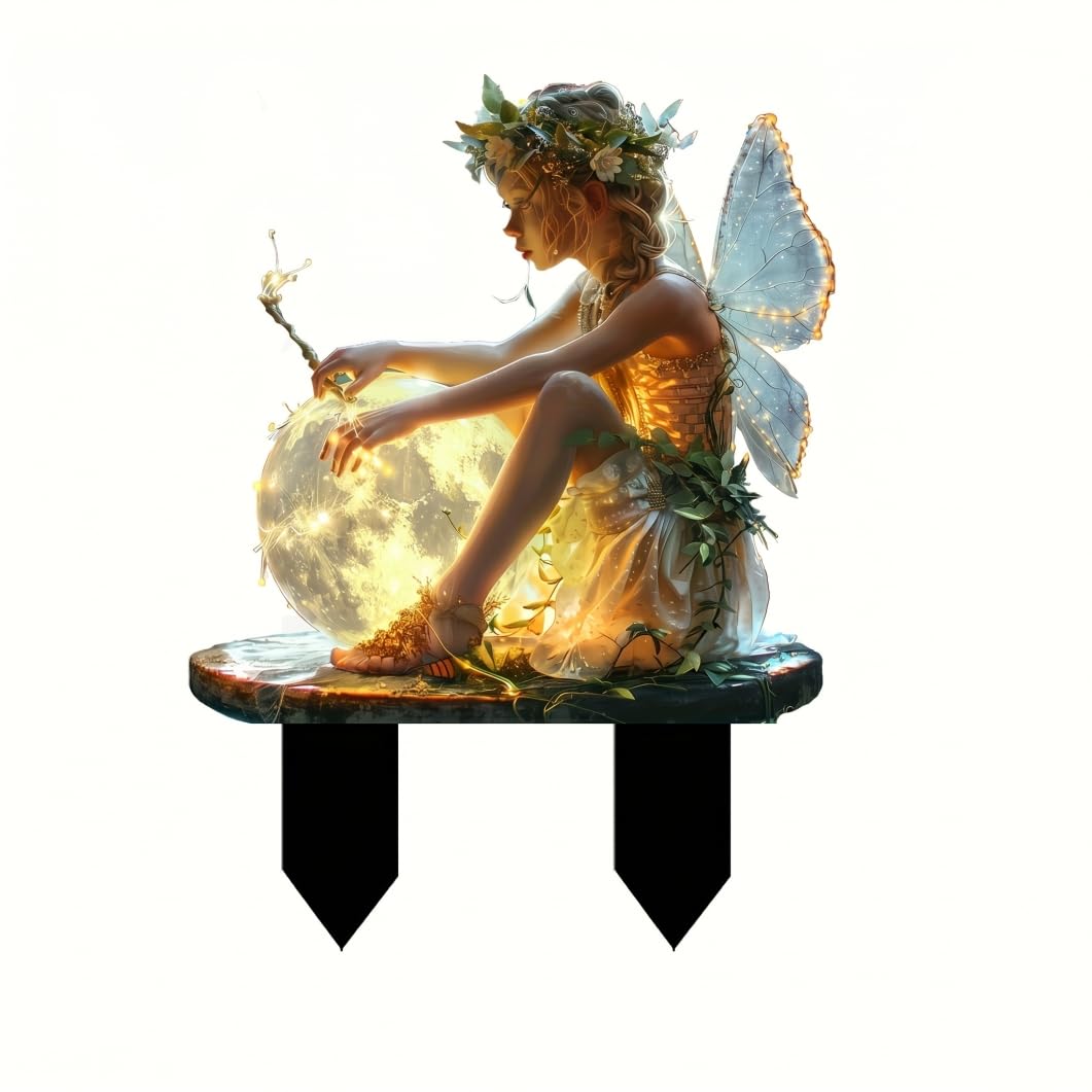 Aetherize Garden Fairy Stakes, 2d Holding Glowing Orb Fairy Garden Decor | Waterproof Acrylic Sign for Potted Plants, 7.09x9.84inch, Style 2 Stakes